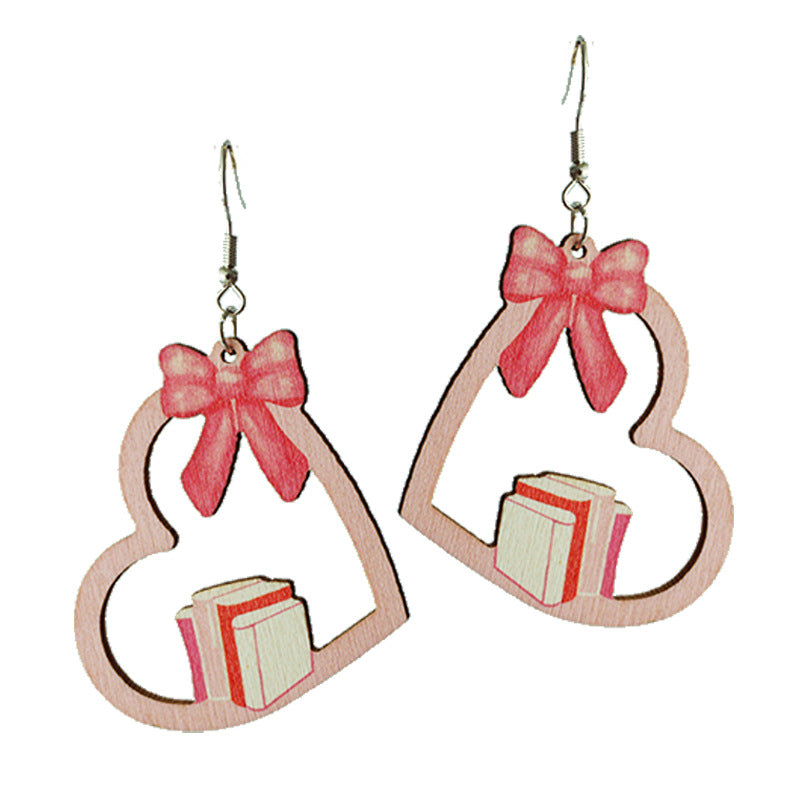 Wholesale 2 Pairs/Pack Heart Shape Bow Book Pencil Apple Wooden Earrings